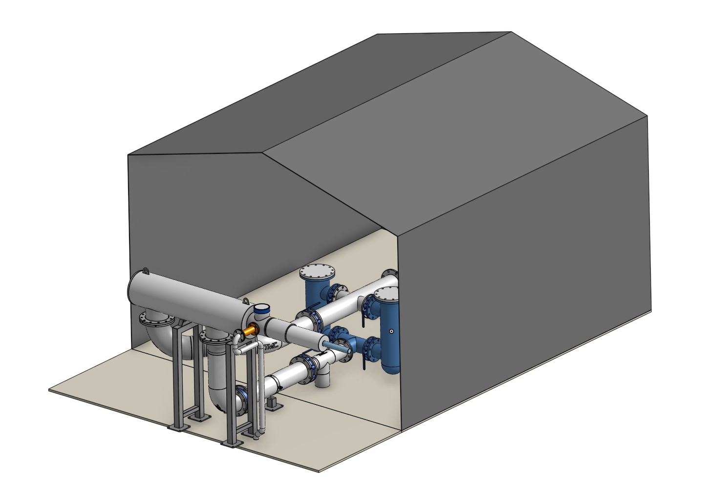 Titan 10K filter 3D render — isometric view with building